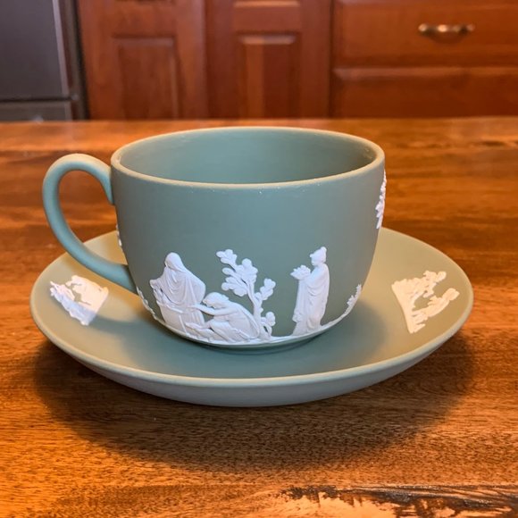 Vintage Wedgwood Sage Green Jasperware Teacup and Saucer Set - Picture 3 of 10